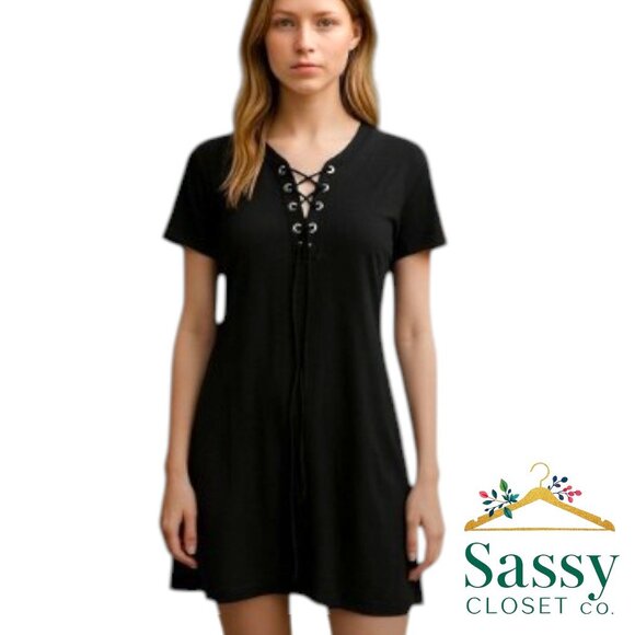 Beach Coverup Mini Dress – Black Lace-Up V-Neck, Medium - Picture 1 of 9